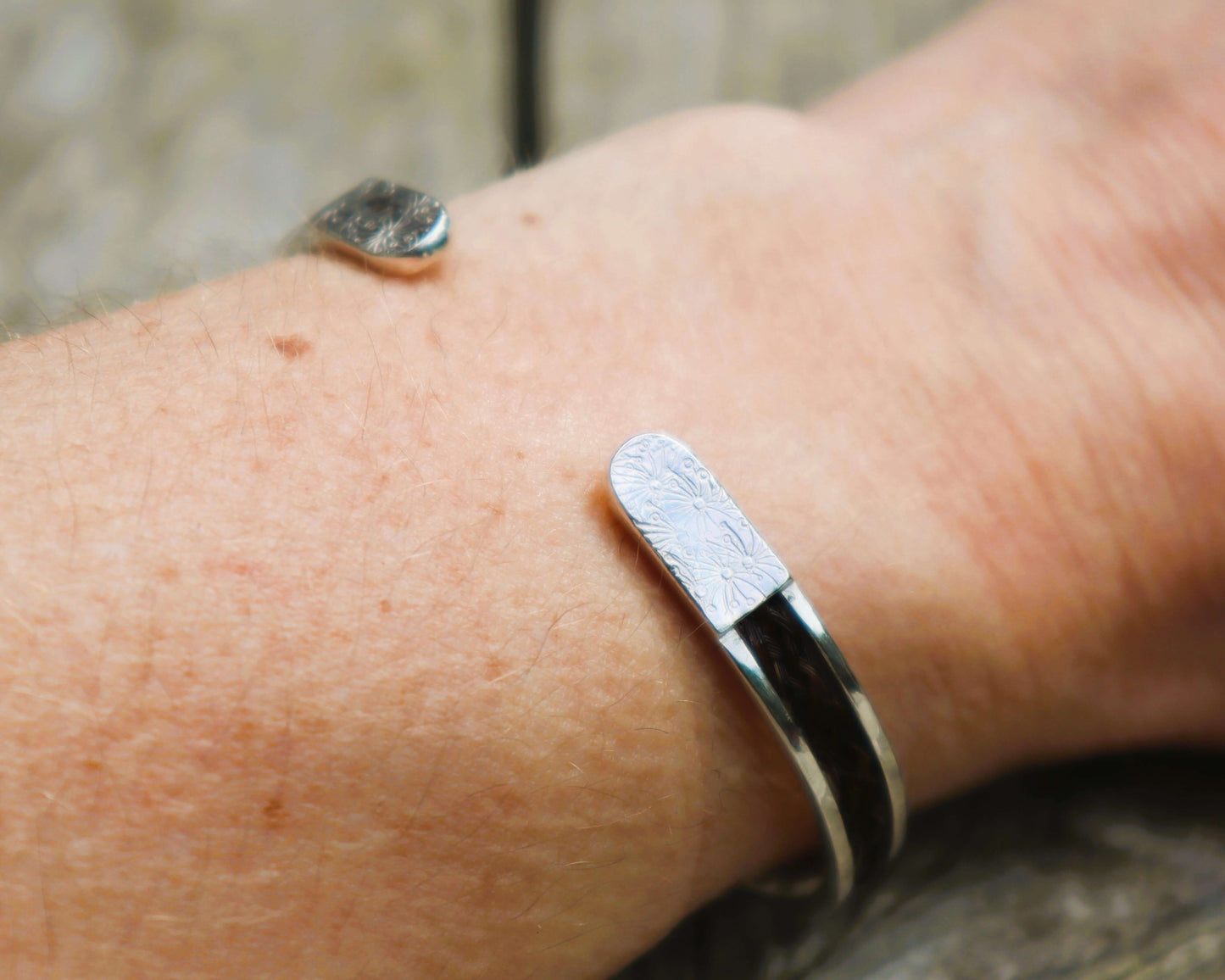 horse hair cuff bangle on wrist